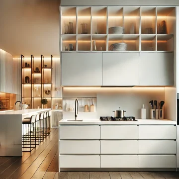 DALL·E 2024-12-05 02.39.21 - A modern kitchen cabinet design featuring clean lines, sleek white surfaces, and a minimalist aesthetic. The cabinet is spacious with built-in drawers