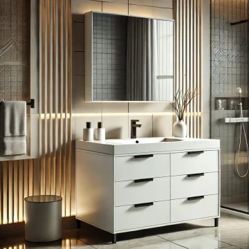 DALL·E 2024-12-05 02.39.43 - A stylish bathroom vanity with built-in mirror, compact drawers, and sleek white finish. The design emphasizes water-resistant materials with a modern