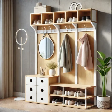 DALL·E 2024-12-05 02.39.51 - A modern and functional coat rack and shoe storage cabinet designed as a hall tree with integrated mirror and decorative elements. The design is made